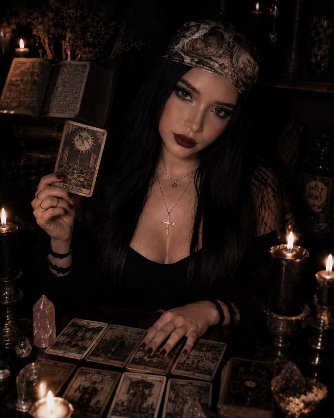 Circe trabajando con el péndulo entre velas y cristales
